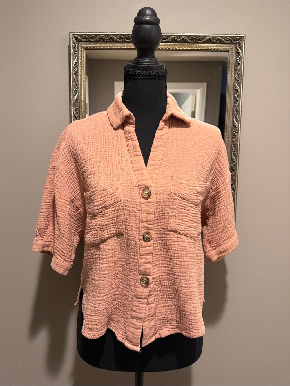 Relaxed Peach Button-Front Short Sleeve Shirt